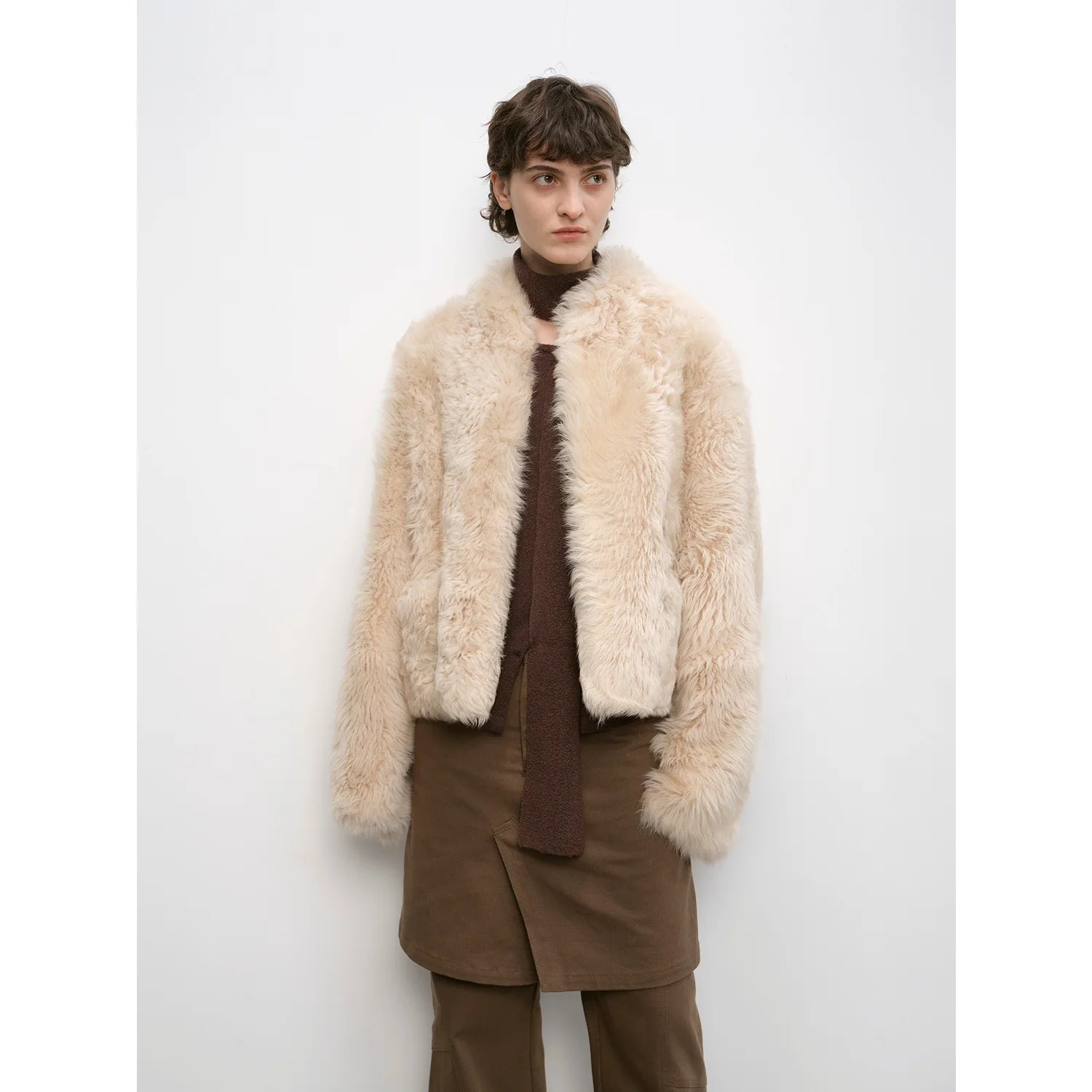 "Autumn Basel" Imported Tuscan Sheepskin Half-Roll Short Casual Fur Coat