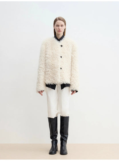 "Ghost Horse Girl" Merino Curly Sweetheart Collar Straight Fur Coat