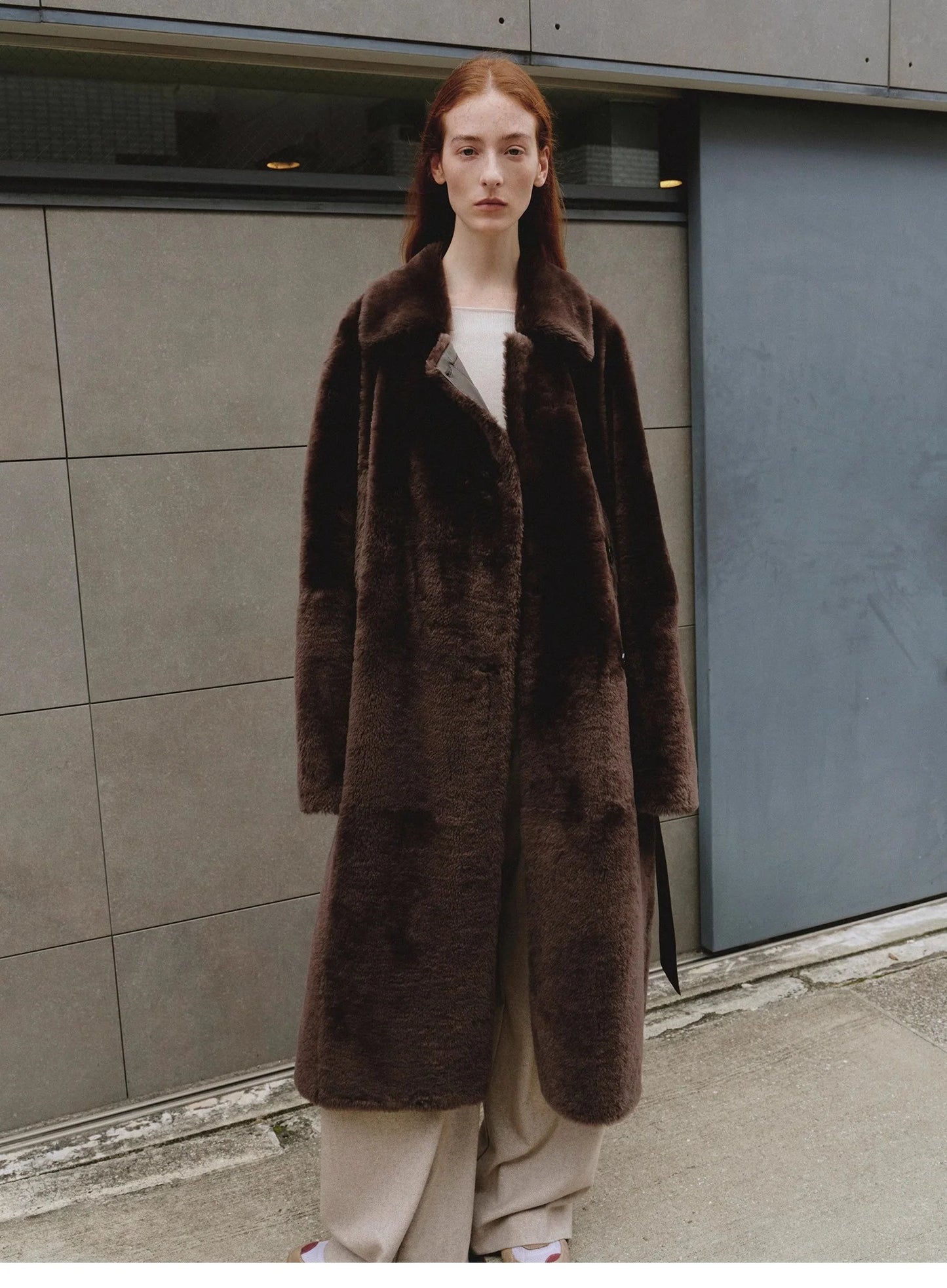 "Mocha Phantom" Merino Wool Dropped Shoulder Long Asymmetric Placket Sheepskin Coat