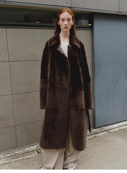 "Mocha Phantom" Merino Wool Dropped Shoulder Long Asymmetric Placket Sheepskin Coat